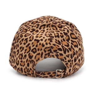Detail of leopard print baseball cap featuring an adjustable metal buckle and strap