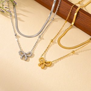 Layered Necklace Titanium Steel Bowknot Pendant Elegant Snake And Bead Chain Fashion Jewelry For Women