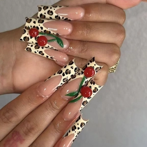 Press On Nails Long Square Leopard Print French Red Cherry 3D Resin Fake Nails Nude Pink Sweet Style For Women