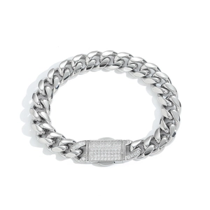 Silver Cuban link bracelet featuring a square clasp inlaid with sparkling zircon stones