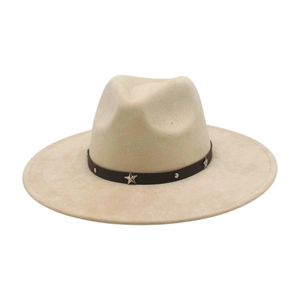 Detail of beige suede cowboy hat featuring brown leather band with silver star studs