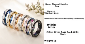 Close-up of 6mm titanium steel spinner rings with colorful matte diagonal stripe finish