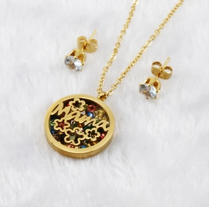 Close-up of golden Mama necklace set with colorful gemstones on white fur background