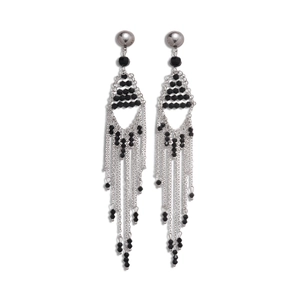 Long geometric tassel earrings with silver chains and faceted black glass beads