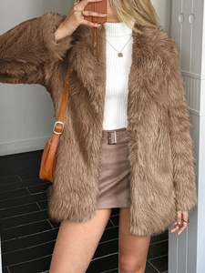 Elegant Women Mid Length Faux Fur Coat Plush Outerwear Autumn Winter Fashion Solid Color Lapel Jacket Warm Top