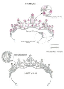 Macro detail of pink heart rhinestone crown with plating texture and hair clips