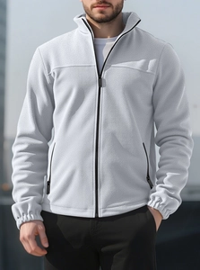 Men's light grey polar fleece zip-up jacket with stand collar and side pockets