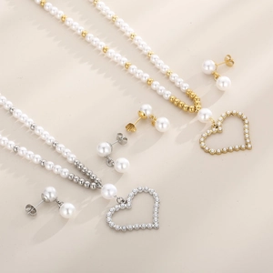 Ensemble Collier Et Boucles Oreilles Künstliche Perle Acier Inoxydable Coeur Évidé Bijoux Élégants Pour Femmes