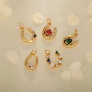 Horseshoe U-Shape Pendants 18K Gold Plated Copper Inlaid Colorful Cubic Zirconia For DIY Jewelry Making Crafts