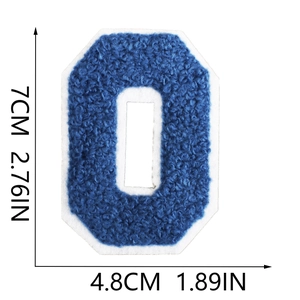 Detailed view of blue chenille embroidery letter patch with white border and 7cm dimensions