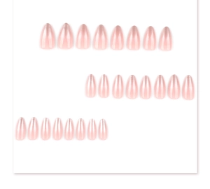 Detail of 24pcs pearlescent pink almond press-on nails set with gradient finish