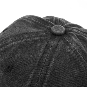 Macro shot of dark grey washed cotton twill cap top with reinforced stitching and eyelets