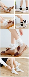 Detail view of women's lace socks with hollow knit patterns in black and white styles