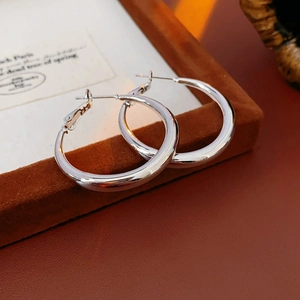 Detailed view of silver hoop earrings on brown velvet display with high metal luster