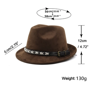 Dettagli dimensionali del cappello fedora in pelle scamosciata marrone con misure e falda