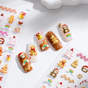 Christmas 3D Embossed Nail Art Stickers Cartoon Gingerbread Bear Tree Decals Self Adhesive Holiday Manicure Decoration