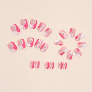 Pink and white wavy pattern short press-on nails set with glossy modern abstract finish