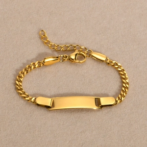 Adjustable golden stainless steel Cuban link bracelet with engravable blank identification plate