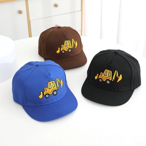 Close-up of three children's baseball caps with colorful excavator embroidery details
