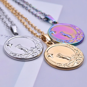 18k gold plated stainless steel necklaces with cat and moon embossed round pendants