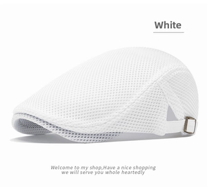 Detail view of white breathable mesh texture and metal buckle on summer flat cap