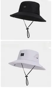 Detail of waterproof breathable outdoor sun hat with mesh vents and adjustable chin strap