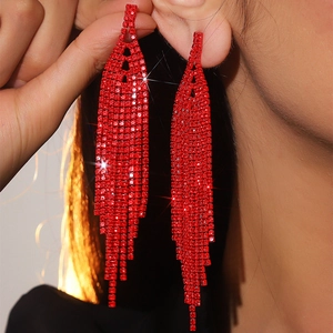 Sparkling red rhinestone long fringe tassel earrings for women with elegant metal base