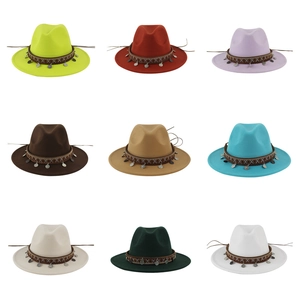 Nine colorful wool felt fedora hats with ethnic embroidered bands and metal charms