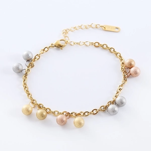 Elegant Women's 316L Stainless Steel 18K Gold Plated Bracelet With Tri-color Sandblasted Beads Adjustable Chain Minimalist Jewelry