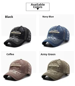 Detail view of vintage washed baseball caps in black, navy, coffee and army green colors