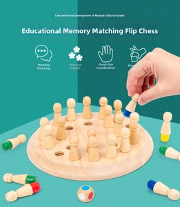 Detail view of colorful wooden memory chess set with base and matching game pieces
