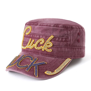 Distressed burgundy flat top military cap with rhinestone Luck lettering decoration