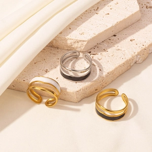 Double-layer stainless steel open rings with vintage black and white enamel finishes