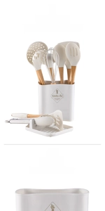 Macro detail of silicone kitchen utensils with wooden handles and storage bucket