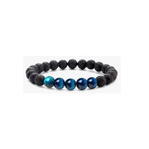 Detail view of 8mm black lava rock and dark blue tiger eye stone beads on an elastic bracelet