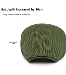 Detail view of military green mesh flat cap featuring 10cm depth and breathable texture