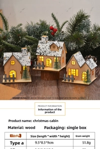 Detail of wooden LED Christmas house with snowy roof and warm yellow light