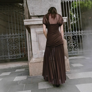 Elegant dark brown mesh sleeveless maxi dress with pleated details and open back view