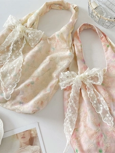 Floral Print Tote Bag Polyester Lace Embroidery Bow Knot Ribbon Shoulder Handbag Sweet Korean Style For Women