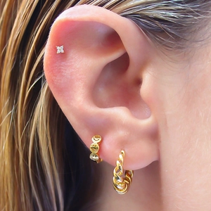 Gold C-shaped textured hoop earrings and floral studs with zircons set for women