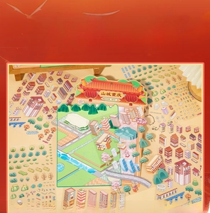 Detail of 3D miniature Chongqing city puzzle stickers with landmarks and cable cars