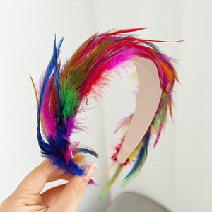 Detailed view of colorful natural feathers on a stylish high-top headband accessory