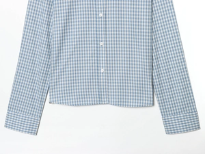 Detail of blue and white gingham shirt featuring white buttons and rolled cuffs