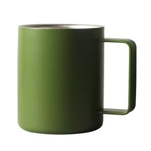 Olive green insulated stainless steel coffee mug with handle and minimalist matte finish
