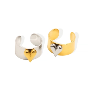 Two-tone mixed gold and silver chunky heart open rings in polished stainless steel