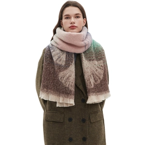 Multicolor gradient knit scarf with ginkgo leaf jacquard and tassels for winter styling