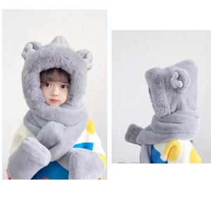 Detail of gray kids plush one-piece winter hat with cute bear ears and pocket gloves