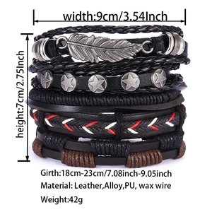 Detailed size specifications for leather multilayer bracelet set with feather and star charms