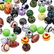 Macro view of assorted 4mm sports ball acrylic beads including football and basketball styles