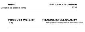 Detailed technical specifications for snake ring showing weight 4g and titanium steel material